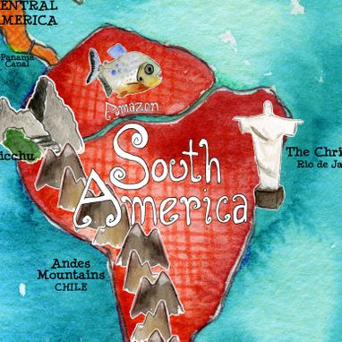 Custom Made Children's Illustrated Watercolor Art Turquoise World Map