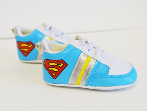 Custom Made Baby Shoes/ Baby Sneaker/ Super Man/ Hand Painted/ White Leather Infant Shoes