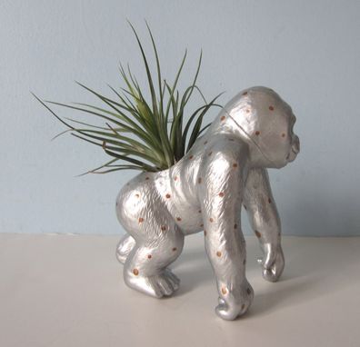 Custom Made Upcycled Toy Planter - Large Silver And Gold Polka Dot Gorilla With Air Plant