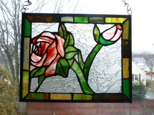 Custom Made Red Rose Stained Glass Panel With Green And Brown Border