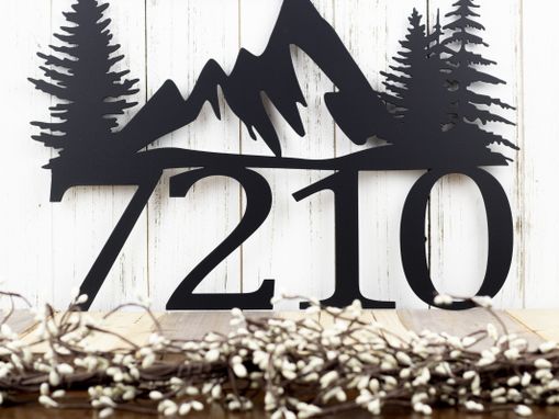 Custom Made Metal House Number Sign, Mountains, Hanging - Matte Black Shown