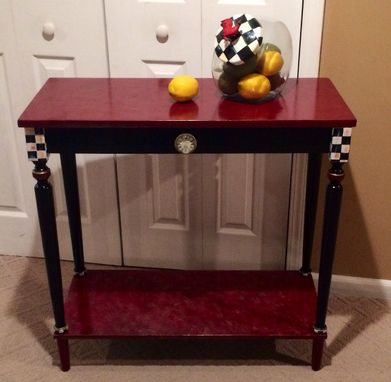 Custom Made Hand Painted Console Or Sofa Table Black White Check Marbled Custom Burgundy Gold Black