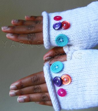 Custom Made Buttonz Hand Knit Fingerless Gloves/Mitts / Plain Jane Series In White