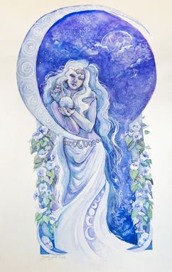 Custom Made Night, Watercolor Painting, Includes Moonflowers And Female Figure In Art Nouveau Styling