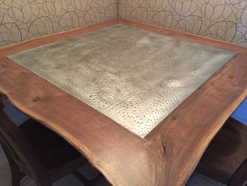 Custom Made Reclaimed Live Edge Table With Hammered Zinc Insert