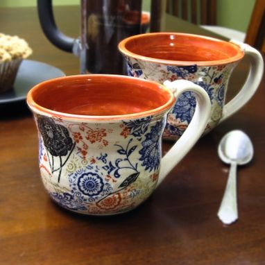 Custom Made Pair Of Coffee Mugs With Multi-Colored Patterns