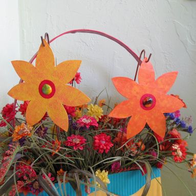 Custom Made Handmade Upcycled Metal Flower Garden Stakes In Orange And Yellow