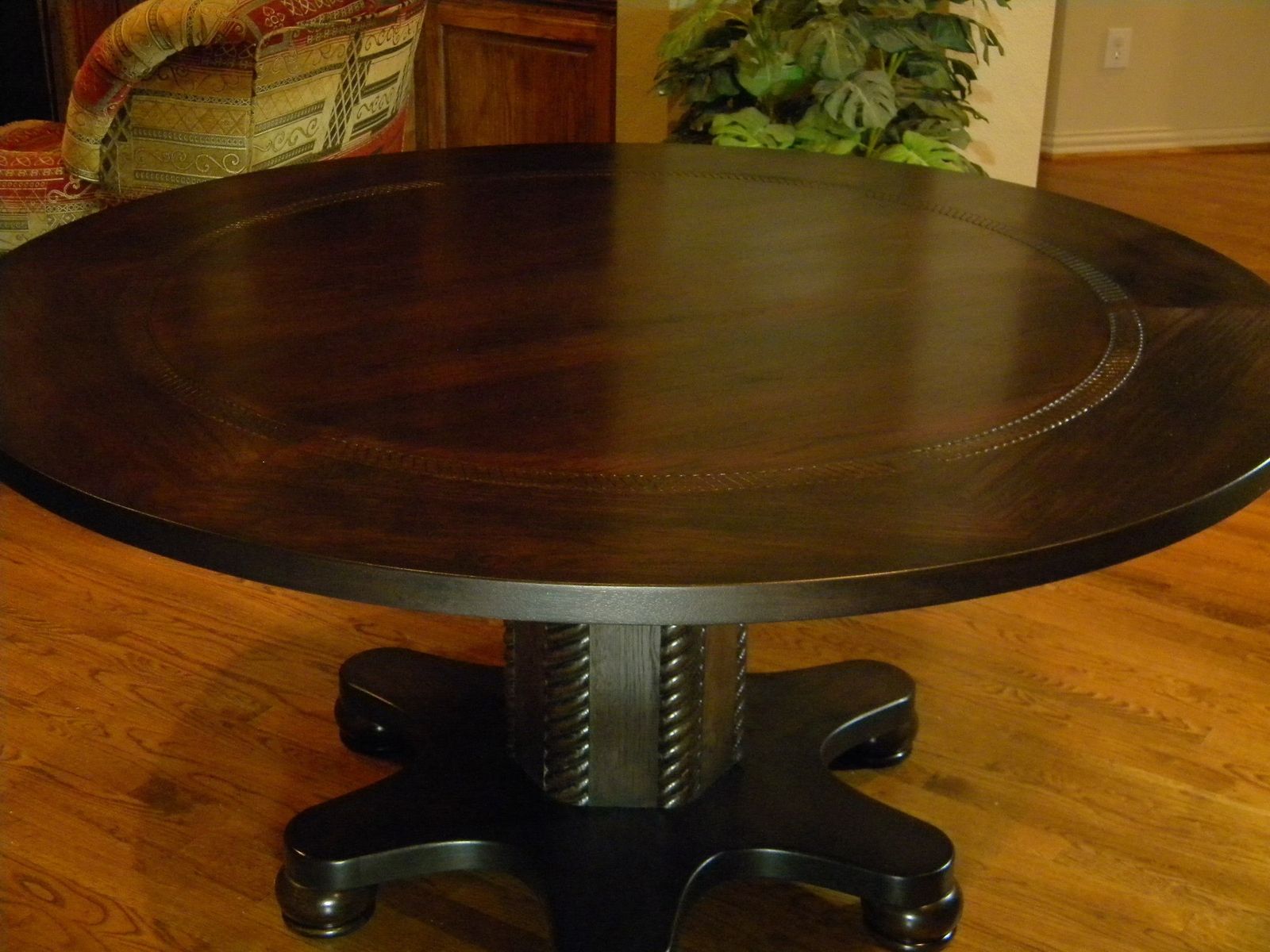 Hand Crafted 62" Diameter Espresso Stained Hickory Pecan Dining Table