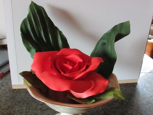 Custom Made Big Beautiful Red Porcelain Rose In Lovely Base With Porcelain Leaves