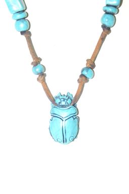 Custom Made Necklace, Turquoise Colored Scarab Beetle And Beads Egypt, Hand Sculpted Polymer