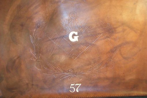 Custom Made Custom Leather Mason Apron Case With Clients Masonic Design In Weathered Color