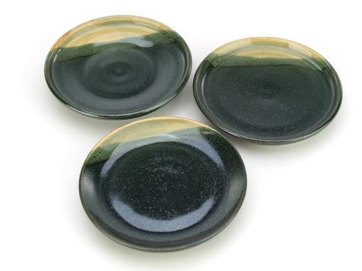 Custom Made Pond And Sencha Plates Dishes Saucers Set Of 3 Black And Yellow Green Wheel Thrown Ceramic Pottery