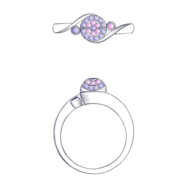 A cluster of pink sapphires and purple amethysts resemble a Master Ball in this Pokémon inspired engagement ring.