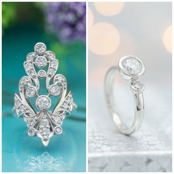 Both rings feature unique arrangements of mined diamonds set in platinum bezel settings, but the magnificent sculptural centerpiece of the ring on the left added about $1400 to the final cost.