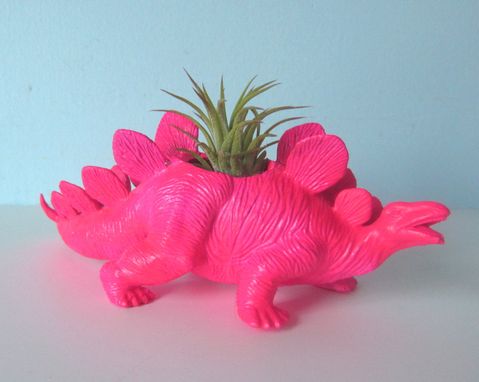 Custom Made Upcycled Dinosaur Planter - Neon Pink Stegosaurus With Air Plant