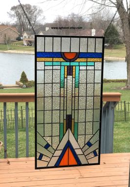 Custom Made Stained Glass Window Panel Hanging Art Deco  Clear Blue Large 0509 25 X 13