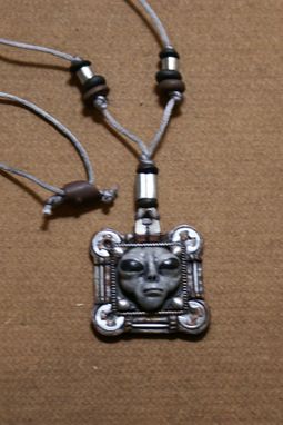 Custom Made Necklace, Gray Silver Alien, Black Eyes In Computer Chip Square, Hand Sculpted Polymer