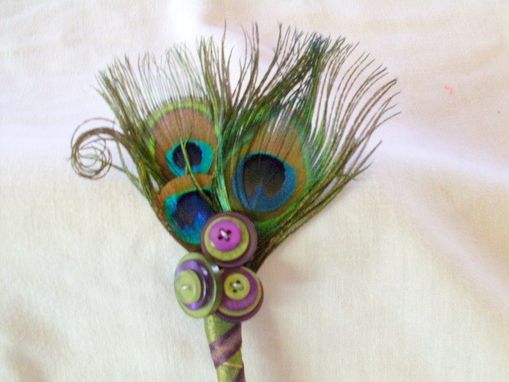 Custom Made Peacock Feather And Buttons Wedding Boutonniere
