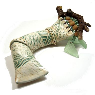 Custom Made Handmade Ceramic Clay Rattle Snake With Found Wood Handle And Bead Adornment