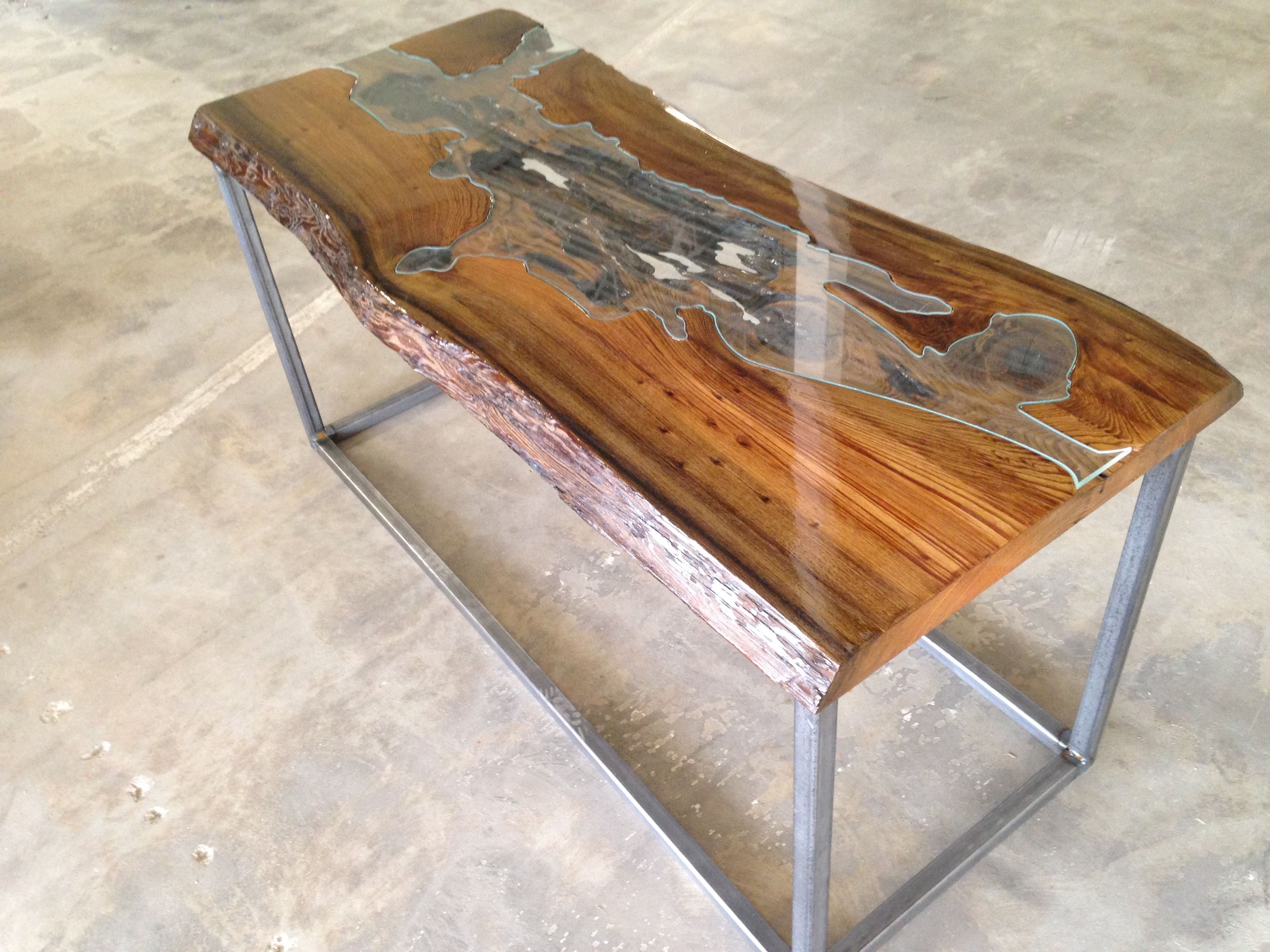 Custom Made Glass Wood Coffee Table by Broken Spike Mfg.