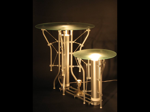 Custom Made Custom Industrial Contemporary Eclectic Art Sculpture End Table Light