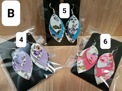 Custom Made Faux Leather Pink, Blue And Purple Floral Earrings