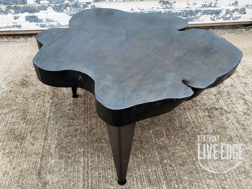 Custom Made Live Edge Coffee Table- Gray- Round- Natural Wood- Circular- Steel Legs- Thick- Modern