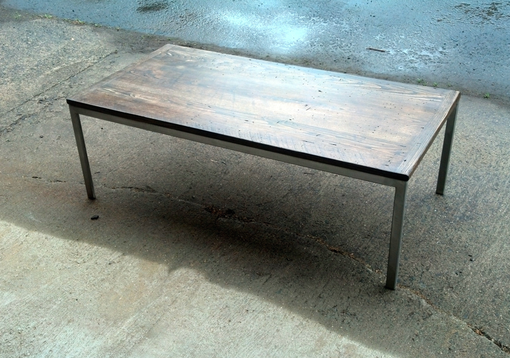 Custom Made Coffee Table Of Reclaimed Wood And Brushed Alloy Steel