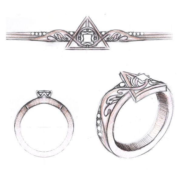 This vintage-styled engagement ring features a deathly hallows inspired symbol on the front and buck antler patronus charm inspired symbols on the band.