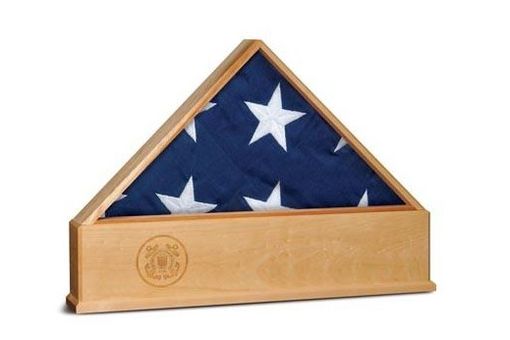 Custom Made Oak Us Flag Display Case With Engraved Us Coast Guard Emblem