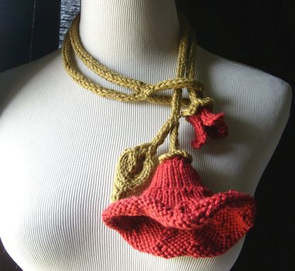 Custom Made Knit Lariat / Bloom - In Red / All Weather - Cool Absorbent Cotton Necklace/Artwear