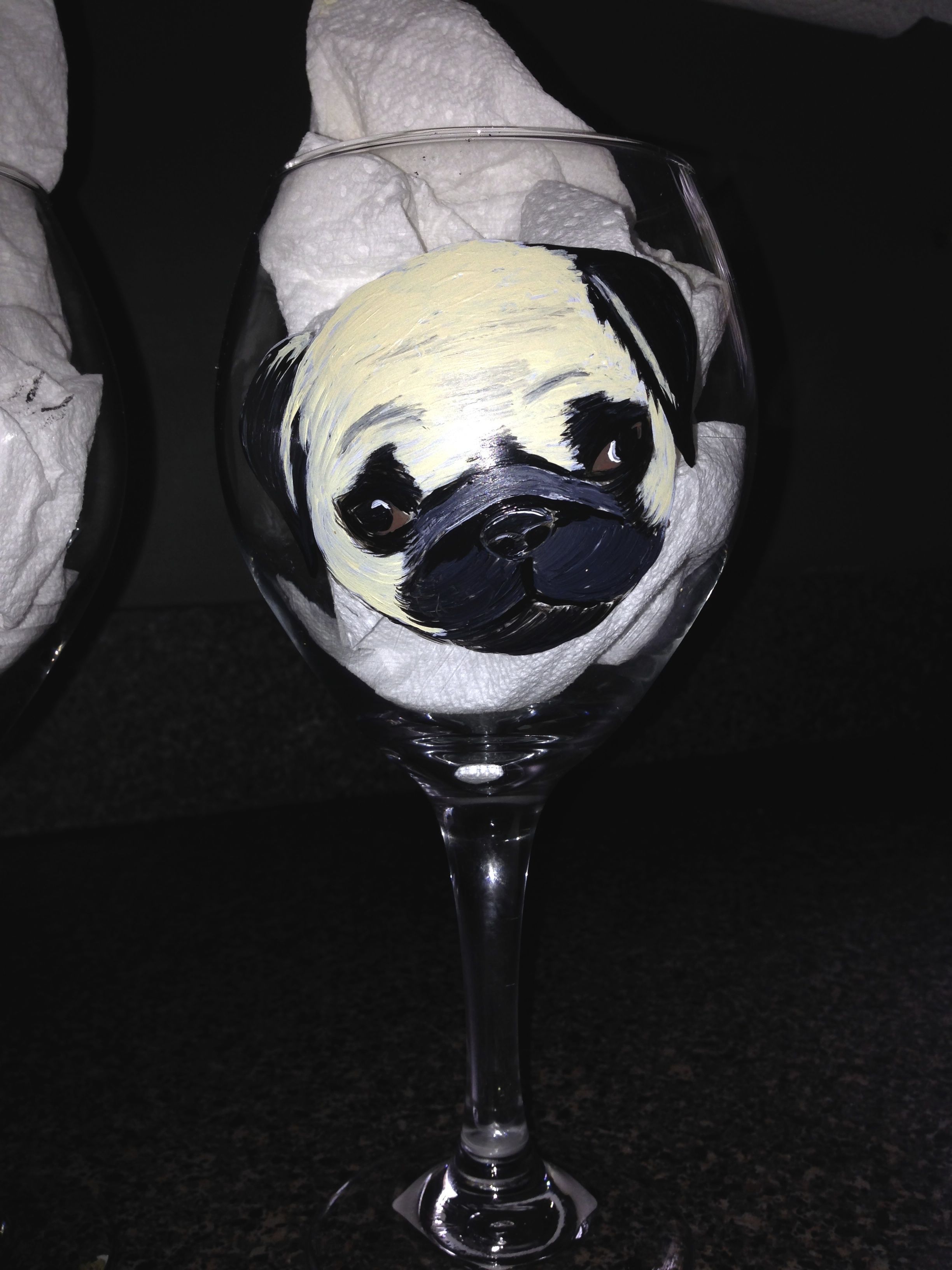 Hand Crafted Custom Hand Painted Dog Wine Glass- Pug by Adkins Artistry