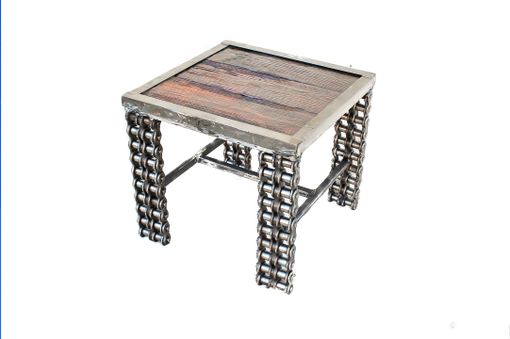 Custom Made Farmhouse Style Rustic Reclaimed Wood Metal Side Table Welded Chain Art
