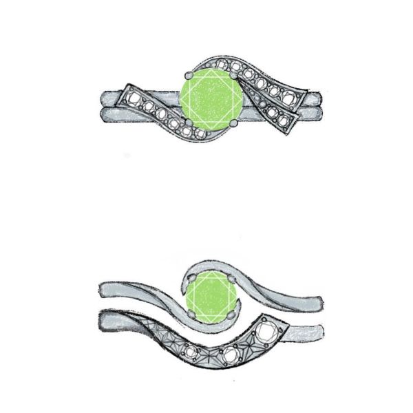 Concept sketches for an engagement ring with peridot and modern curves of graduated diamonds.