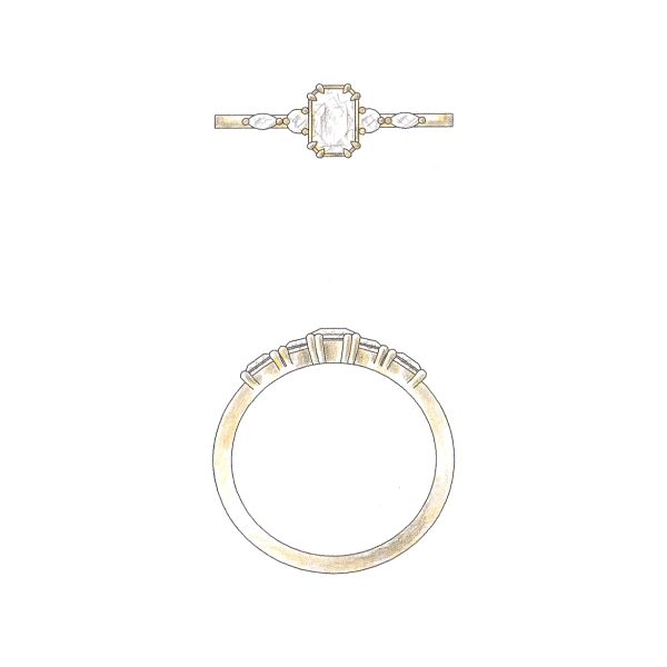 Clutched in yellow gold double-prongs, this engagement ring’s radiant cut diamond sits next to dazzling round and marquise cut diamond accents on either side.