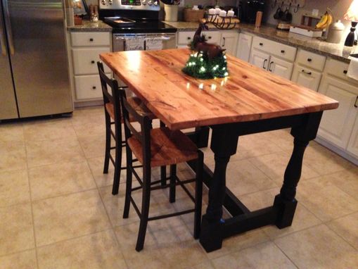 Custom Made Harvest Style Kitchen Island Made From Reclaimed Hardwood With Turned Legs Base