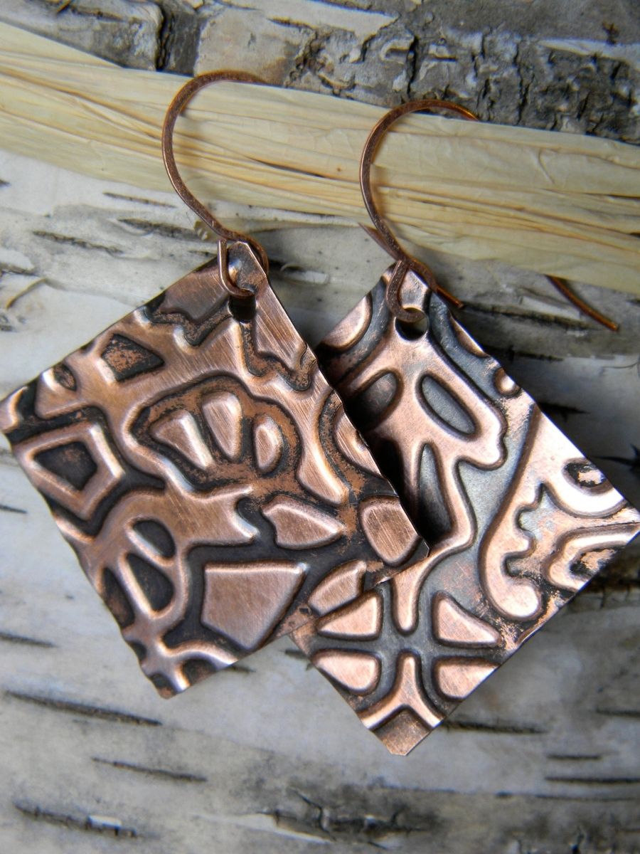 Custom Copper Embossed Square Earrings by MounTin Designs