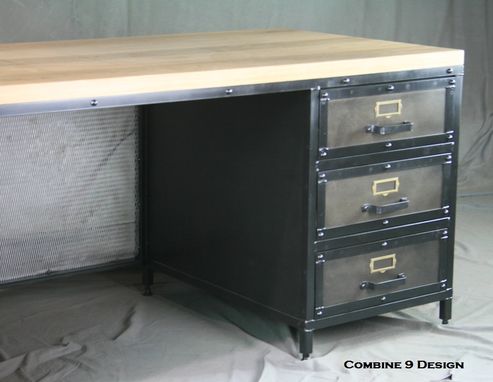 Custom Made Modern Industrial Desk With Drawers - Distressed Steel - Vintage Industrial, Reclaimed Wood