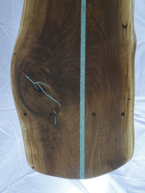 Custom Made Samurai Black Walnut Slab  Bench With Living Edges And Turquoise Inlay