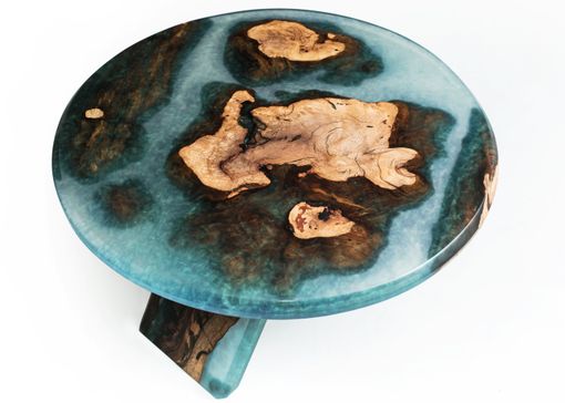 Custom Made Black Cherry Burl Islands Blue/Green Resin Art 30" Modern Coffee Table