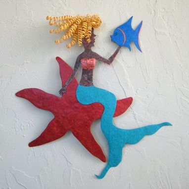 Custom Made Handmade Upcycled Metal Mermaid On Starfish Wall Art Sculpture "Stella''