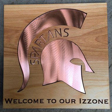 Custom Made M.S.U Spartan Birchwood Laser Cut Sign With Genuine Swirlbrushed Copper Inlay