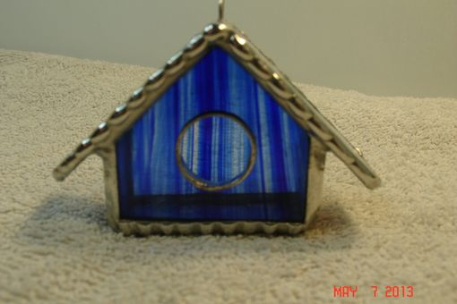 Custom Made Empty Nest Bird House Ornament In Striped Colbalt Blue With Green / Pink Roof