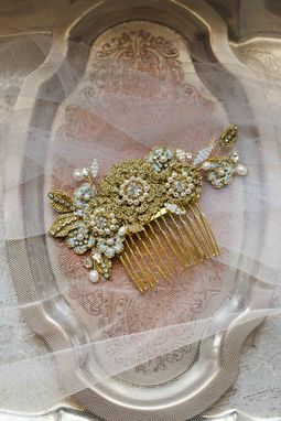 Custom Made Gold, Pearl Floral Wedding Comb | Something Blue Bridal Hair Accessory