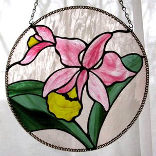 Honey Orchid Stained glass Mirror. Wall decor. Sun catcher Art. Glass  flowers Orchids