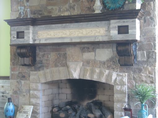 Custom Made Fireplace Mantel Knotty Alder With Wrought Iron Scrolling And Salvaged Barn Wood