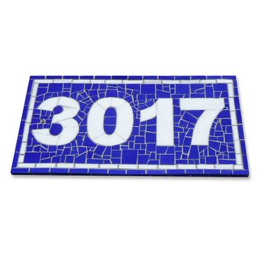 Custom Made House Number Plaque In Blue And White Stained Glass Mosaic Tiles, French House Number