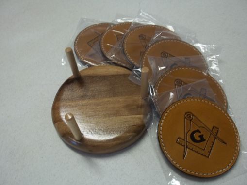 Custom Made Bcl350 Set Of 6 Leather Coasters With Wooden Holder