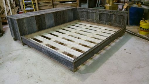 Custom Made Platform Bed With Side Hutch In Reclaimed Oak Barn Wood