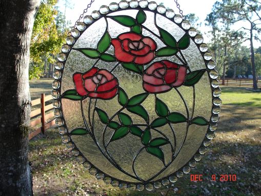 Custom Made Large Pink Rose Stained Glass Oval Cameo With Double Glue Chip Clear Glass